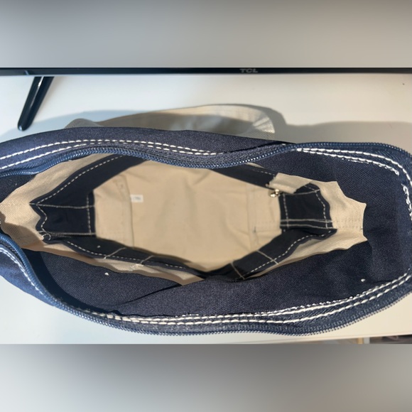 Mini Canvas Tote Purse With Zipper Closure in Cream and Navy - Picture 5 of 6